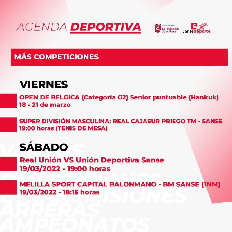 Agenda deportiva de Sanse del viernes-sábado