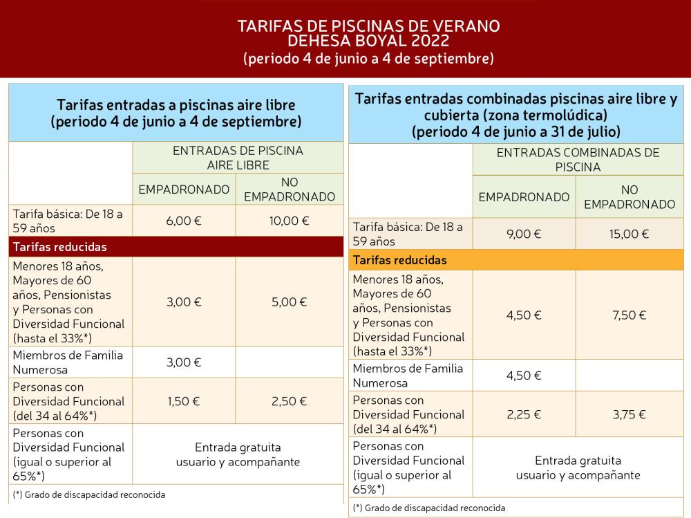 Tarifas 2022 Piscina de Verano Dehesa boyal San Sebastián de los-Reyes